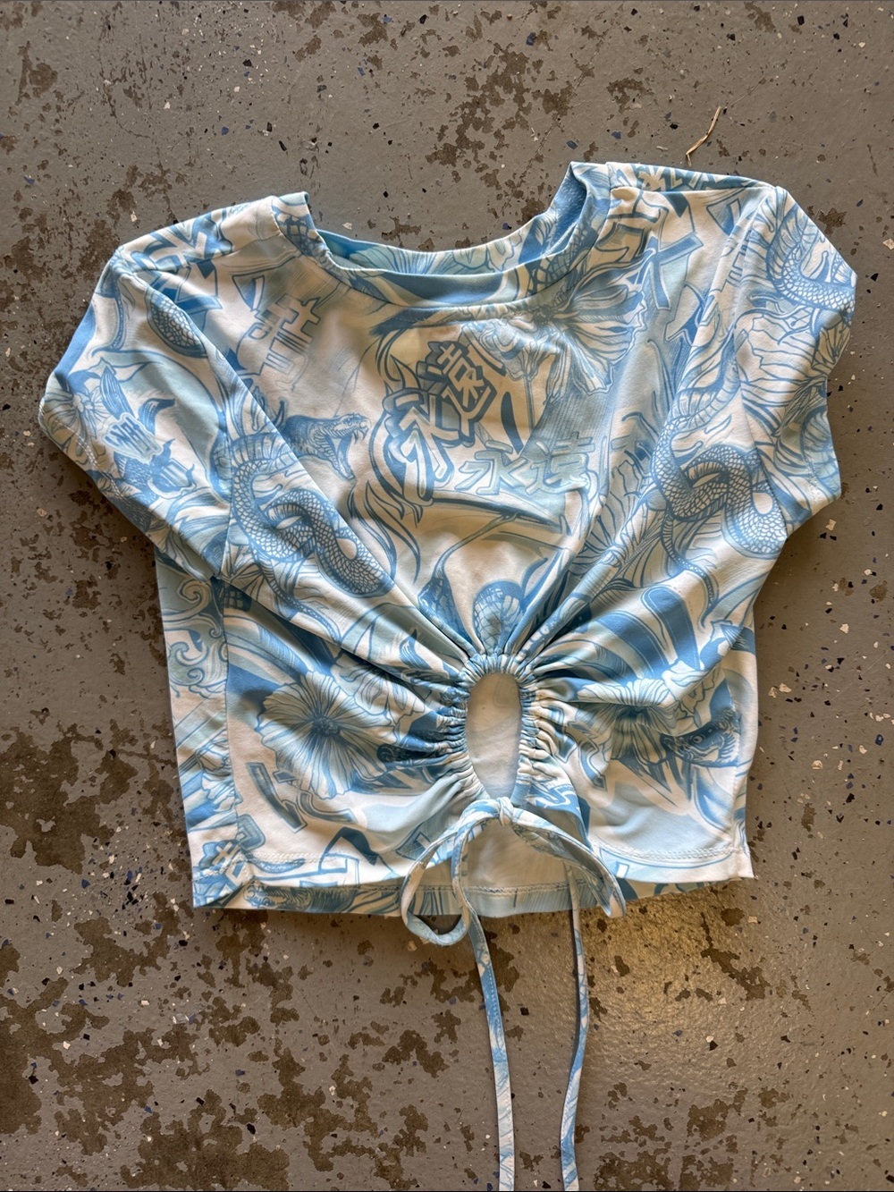 Bershka Asian Graphic Light Blue Gathered Front Crop Top size S